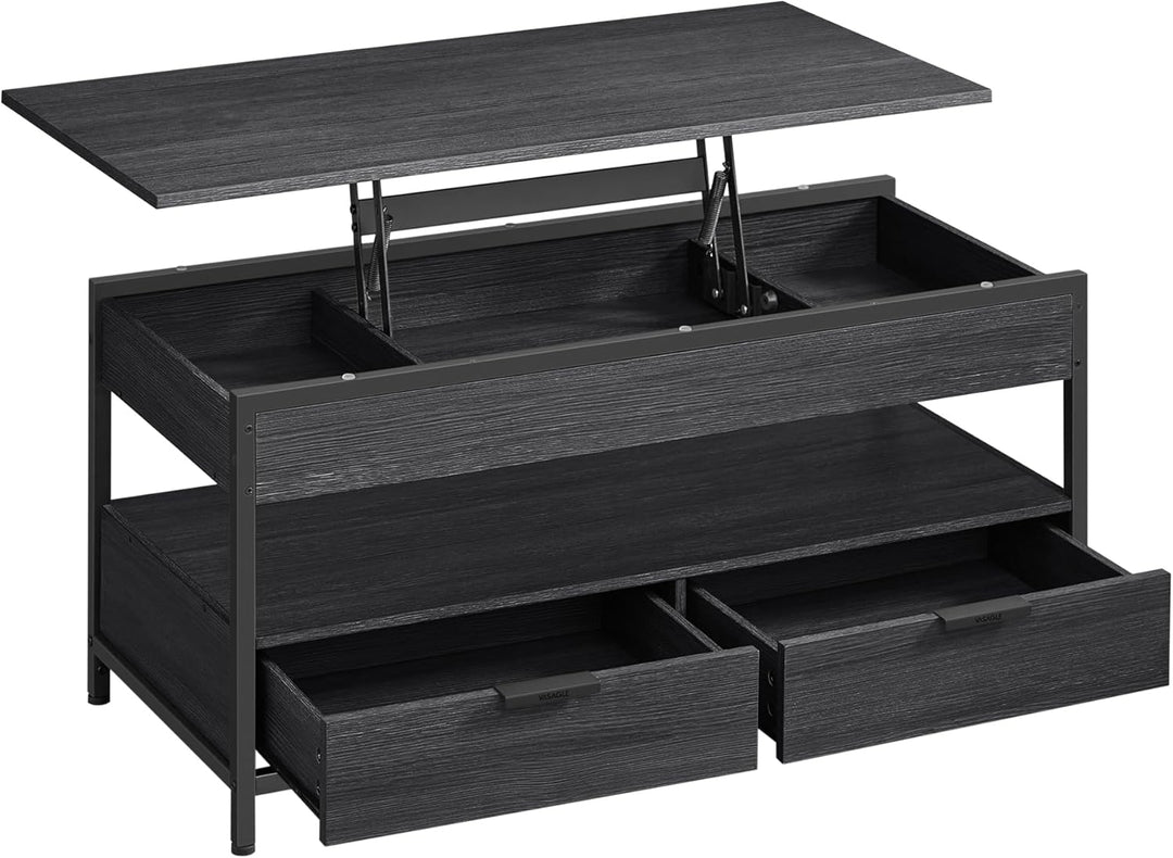 VASAGLE Couchtisch, höhenverstellbarer Wohnzimmertisch, Kaffeetisch, mit Schubladen, offenes Fach, a