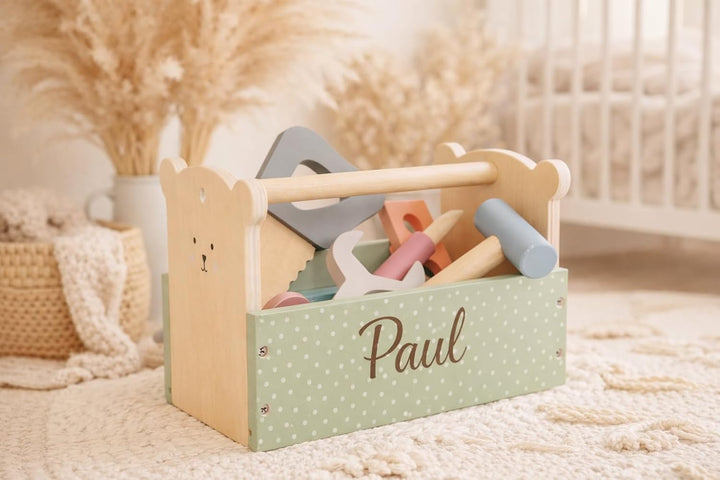 Personalisierter Werkzeugkasten aus Holz – Teddy-Design – Lernspielzeug mit Gravur – Perfekt zum 1.