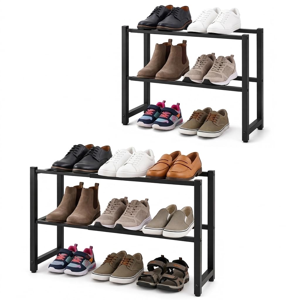 Ausziehbar Schuhregal mit 2 Etagen, Metall-Schuhständer Schmal Kleines Schuhregal, Robustes Design,