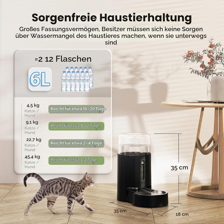 JUNSPOW Wasserspender für Hunde, 6L Schwerkraft grosse Kapazität Edelstahl-Wasserspender für Katzen,