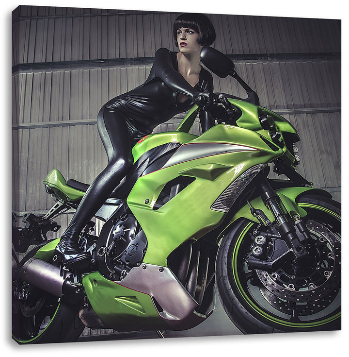 Pixxprint Sexy Neon grünes Bike mit Model 70x70cm Leinwandbild Wandbild Kunstdruck