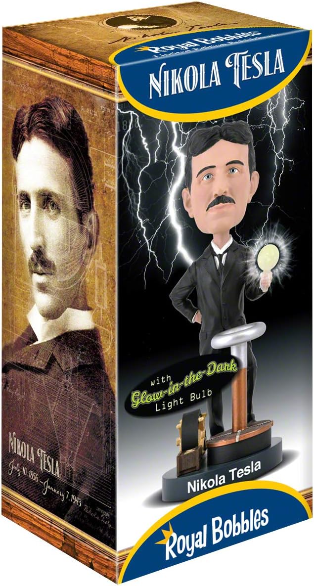 Royal Bobbles - Wackelkopffigur Nikola Tesla - mit im Dunkeln leuchtender Glühbirne