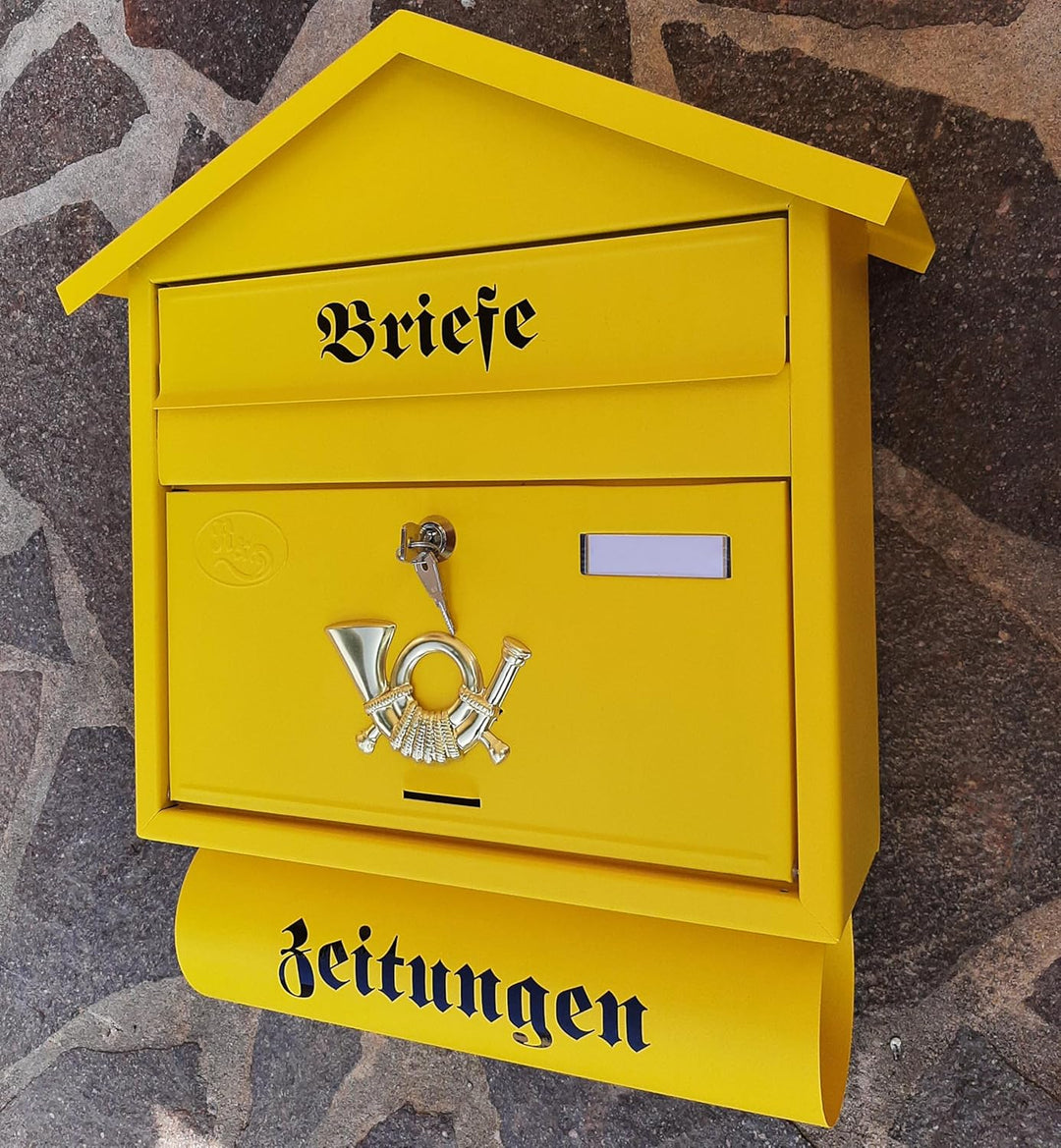 Grosser Briefkasten/Postkasten XXL Gelb Matt mit Zeitungsrolle Zeitungsfach Spitzdach Zeitungsrohr B