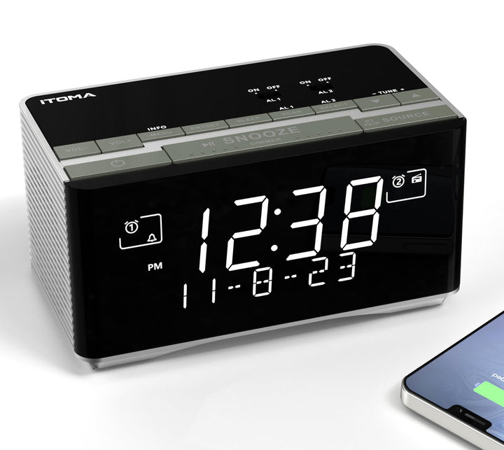 iTOMA FM/DAB Radiowecker mit USB-Ladeanschluss, Bluetooth Stereo Lautsprecher, Kopfhörerbuchse, Dual