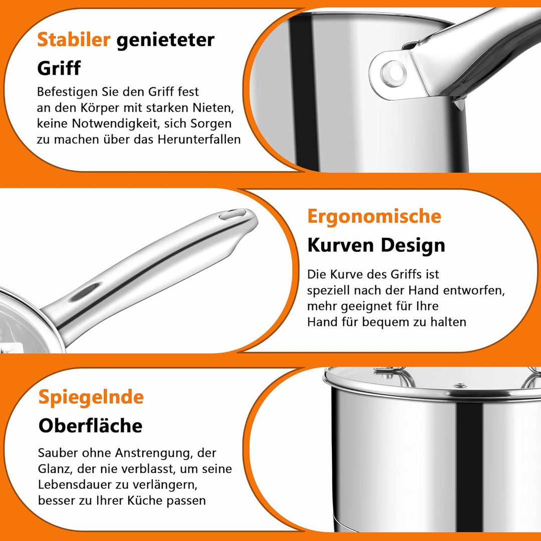 TEAMFAR Stielkasserolle, 14cm klein Edelstahl Milchtopf Topf Induktion mit Glasdeckel, 3-Lagen Boden