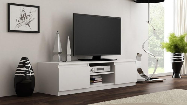 VBChome TV-Schrank 140 x 40 x 36 cm Weiss Griffelose Tv-Regal Fernsehtisch mit 2 Türen Holz Mehrzwec