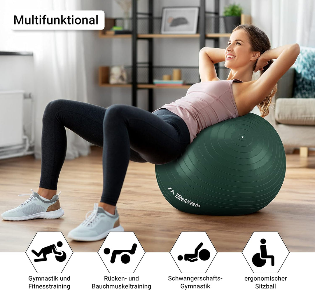 EliteAthlete Gymnastikball Sitzball Büro ergonomisch mit Anti Burst System - Fitness Pilates Schwang