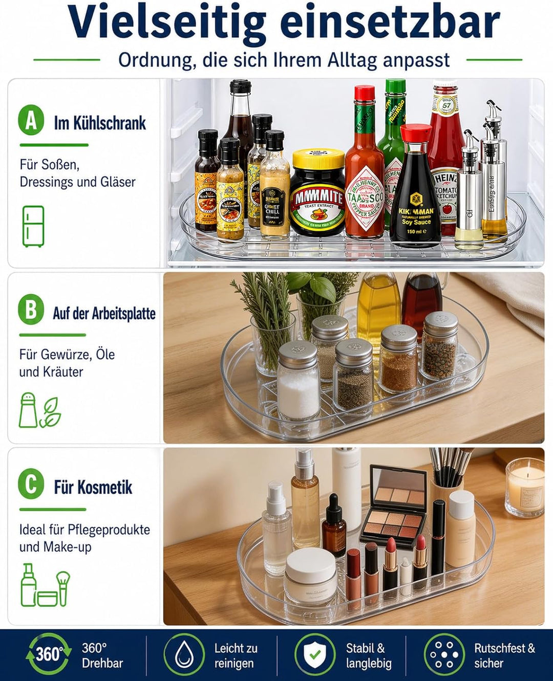 Kühlschrank Drehteller Organizer, Lazy Susan Rechteckig, Drehteller Kühlschrank 40 cm, rutschfest, S