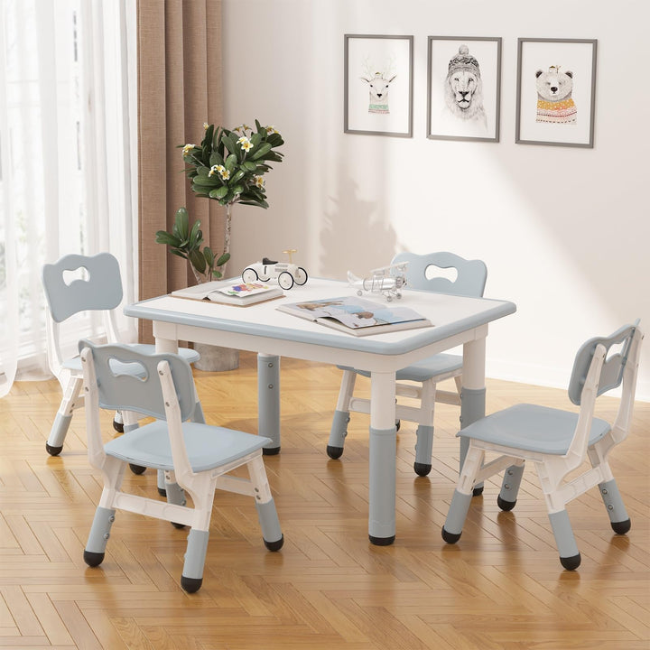 Kindertisch Mit 4 Stühlen, Höhenverstellbare Kinder Tisch Stuhl Set Mit 80x60cm Abwischbarer Tischpl