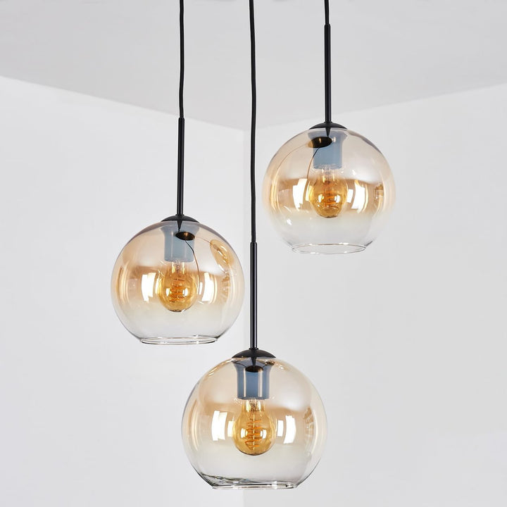 HOFSTEIN Hängeleuchte Koyoto, 3-flammige Hängelampe aus Metall/Glas in Schwarz/Bernstein/Klar, moder