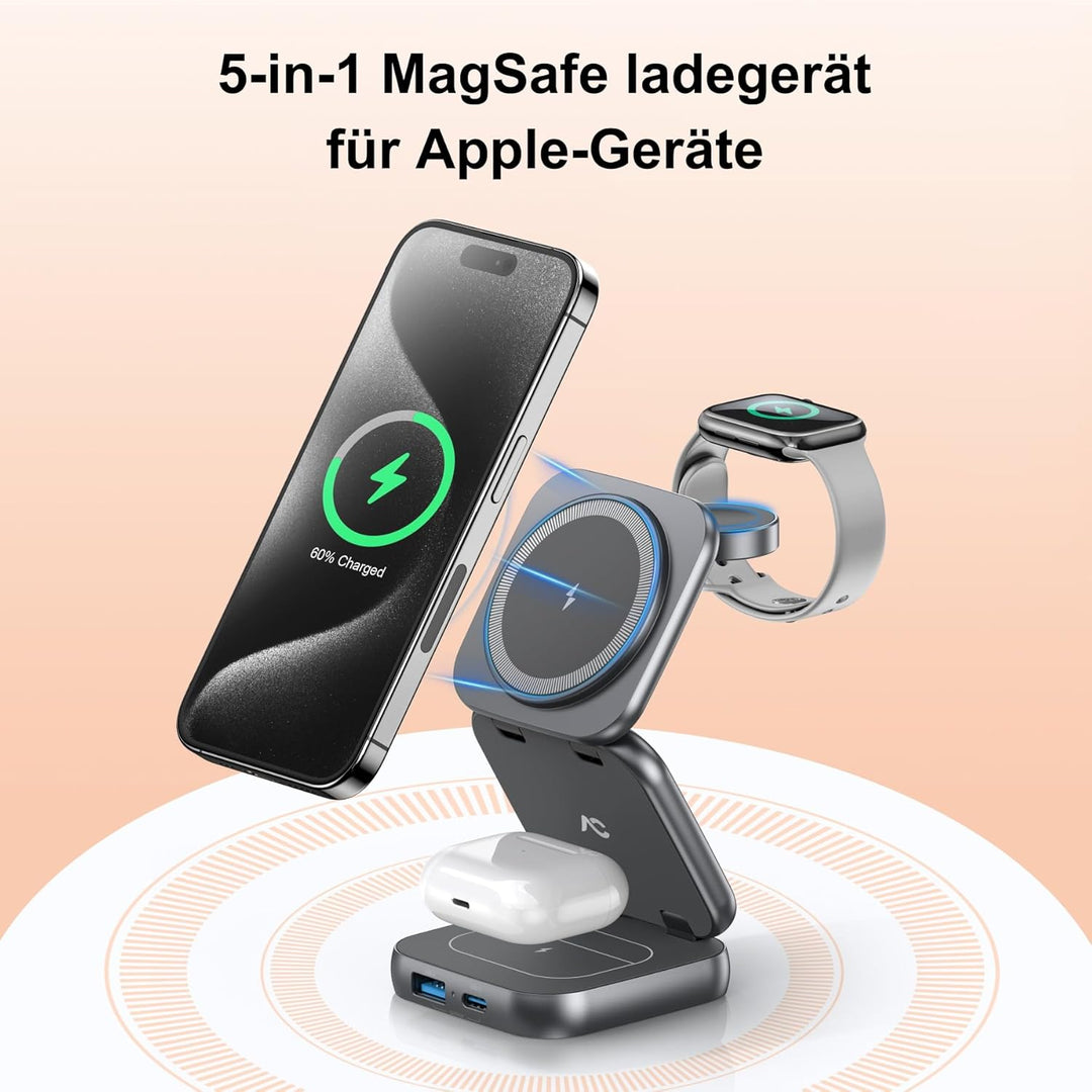 AC Island 5 in 1 iPhone Ladestation kompatibel mit Mag-Safe Ladegerät, Faltbar Reisen Wireless Charg