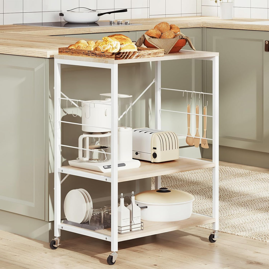 WOLTU Küchenregal auf Rollen, Mikrowellen-Regal mit 3 Ablagen & 4 Haken, dreistufiger Servierwagen m