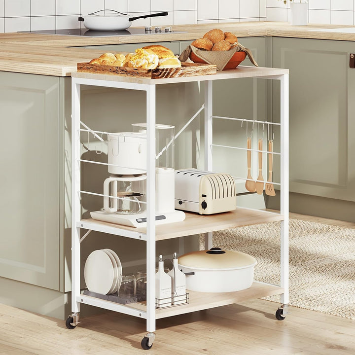 WOLTU Küchenregal auf Rollen, Mikrowellen-Regal mit 3 Ablagen & 4 Haken, dreistufiger Servierwagen m