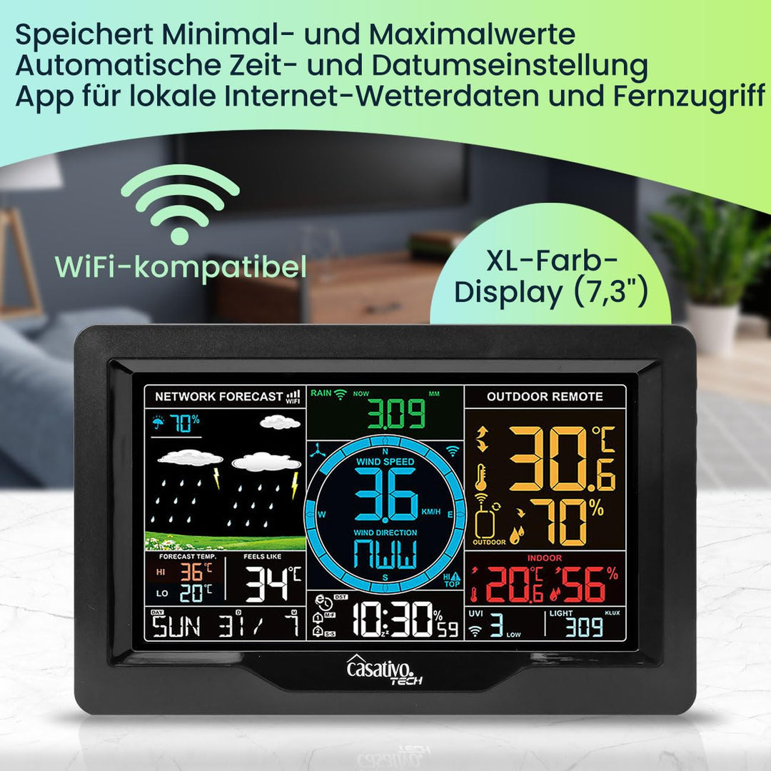 Premium WLAN Wetterstation m. XL-Farbdisplay, Aussensensor, App-Daten, Messung von Temperatur, Regen