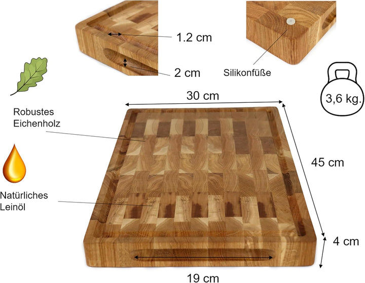 B4K® Schneidebrett mit Ständer aus Eiche Stirnholz 45 × 30 × 4 cm – Massiver Hackblock | Antibakteri