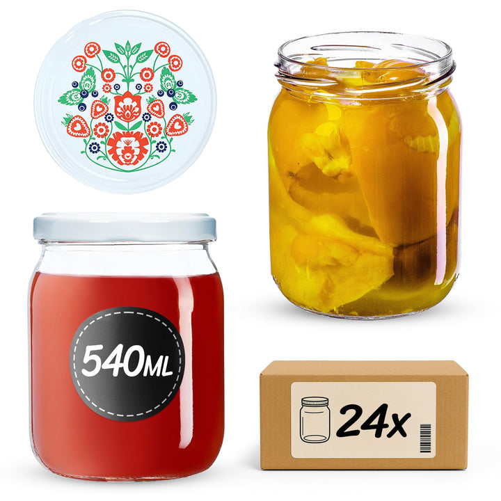 KADAX 24er Set Einmachgläser 540ml TO82 Folklore, Marmeladengläser Vorratsgläser Mason Jar mit Schra