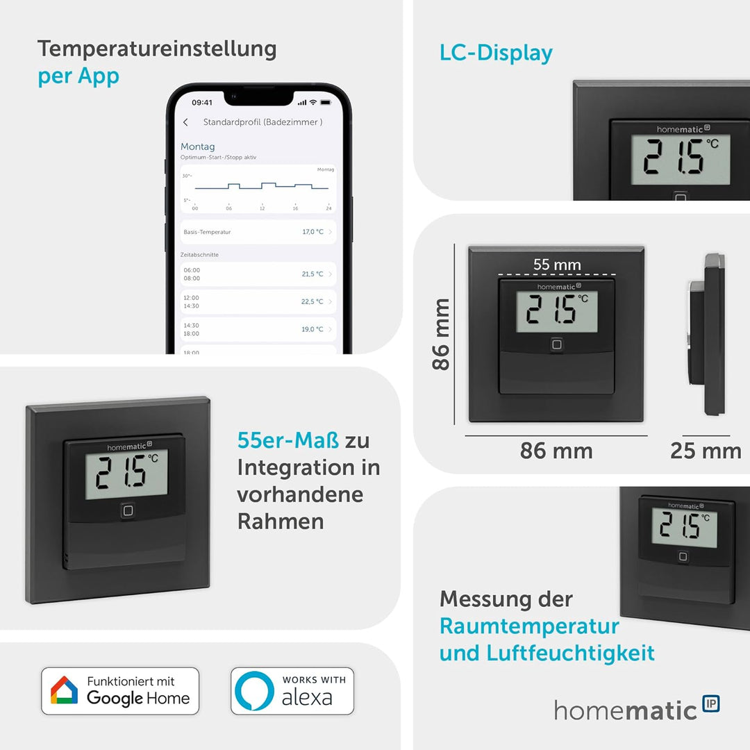Homematic IP Smart Home Temperatur- und Luftfeuchtigkeitssensor mit Display – innen, anthrazit, steu