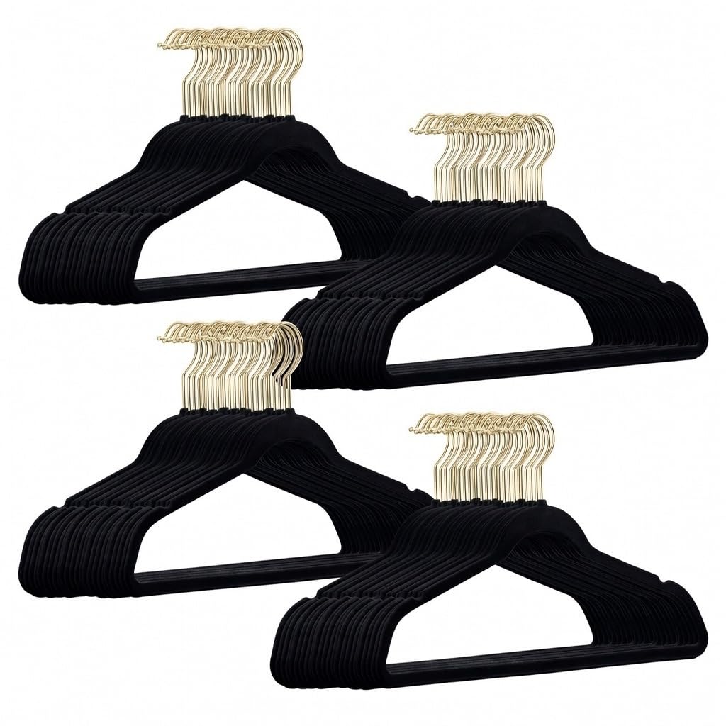 200 Stück hochwertige Samt Kleiderbügel in der Farbe Schwarz mit Gold Look Haken/Anti-Rutsch/von Sti