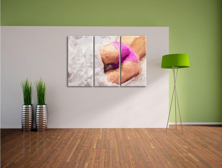 Pixxprint schöner Po im Bett Kunst Pinsel Effekt 3-Teiler Leinwandbild 120x80 Bild auf Leinwand