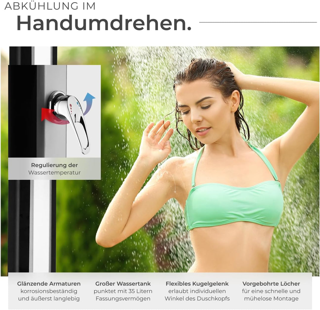 tectake® Solardusche 35 Liter, Gartendusche Regenduschkopf und Wasserhahn, warmes Wasser für Garten,