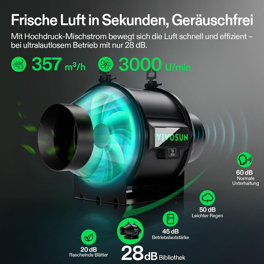 VIVOSUN Rohrventilator 100mm Abluftventilator 357m³/h mit EC-Motor und GrowHub E42A WLAN-Controller