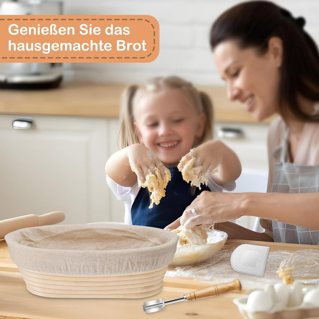 HaWare Gärkörbchen, 25cm Gärkorb Oval Brot Set mit Futter, Bäckermesser, Teigschaber und Backpinsel,