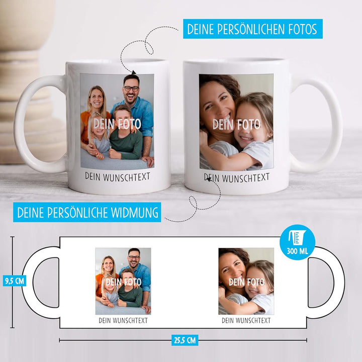 OWLBOOK® Personalisierte Tasse mit 2 Fotos & Spruch selbst gestalten | Fototasse mit eigenem Bild &