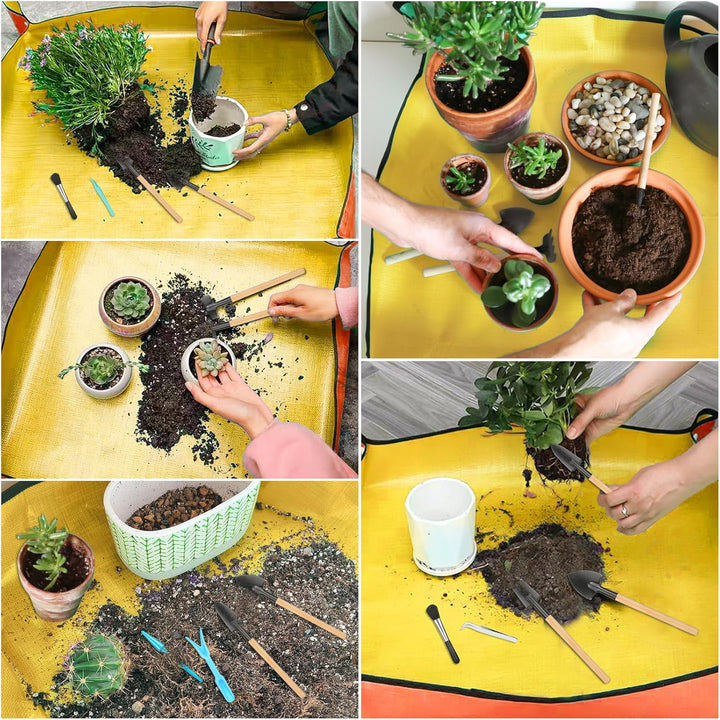 2 Stück Umtopfmatte zum Umpflanzen von Pflanzen, 99cm grosse Gartenmatte und 66cm orangefarbene Topf