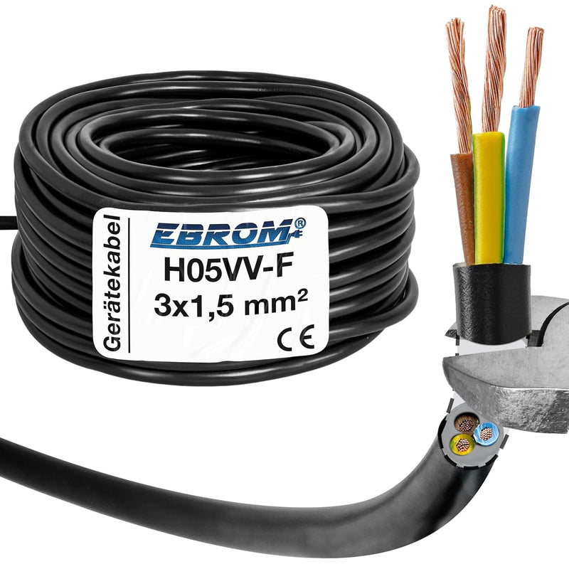 EBROM Kunststoff Schlauchleitung RUND, Kabel, Stromkabel, Leitung, Gerätekabel H05VV-F 3x1,5 mm² 3G1