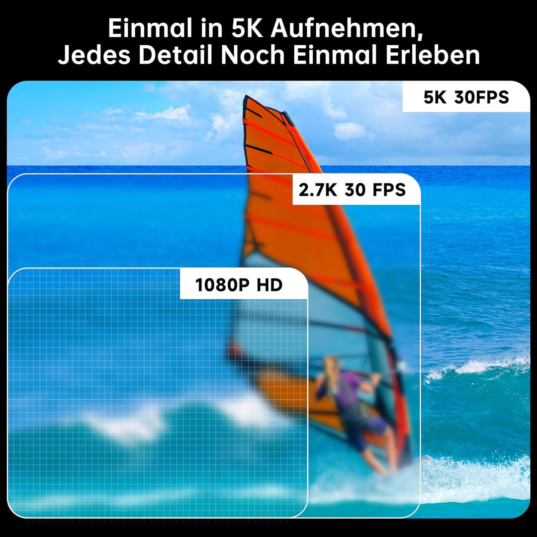 syndesmos Wasserdicht Action Cam 5K 30FPS, Dual-Touchscreen, 64MP Ultra HD-Unterwasserkamera, EIS An