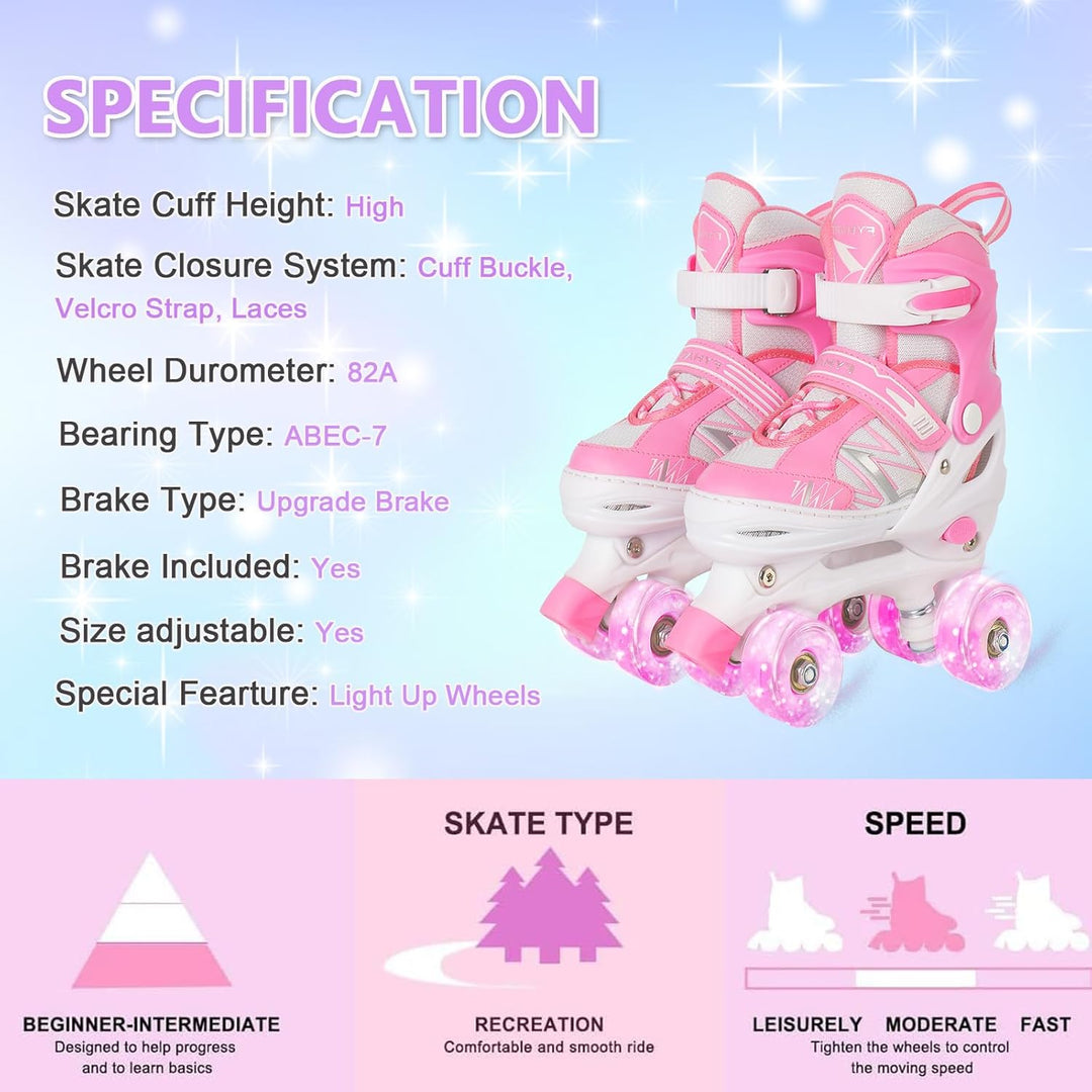Kinder Rollschuhe für Mädchen Kind Anfänger, 4 Grössen einstellbar Rollschuhe mit Licht bis Räder fü