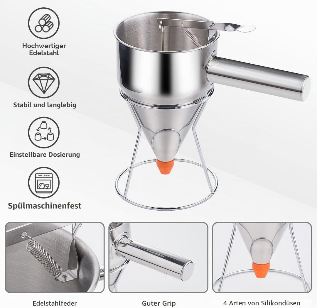 Pancake Dough Dispenser, Stainless Steel Funnel Cake Dispenser with 4 Silicone Nozzles, Perfect for