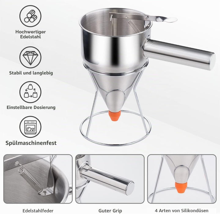 Pancake Dough Dispenser, Stainless Steel Funnel Cake Dispenser with 4 Silicone Nozzles, Perfect for