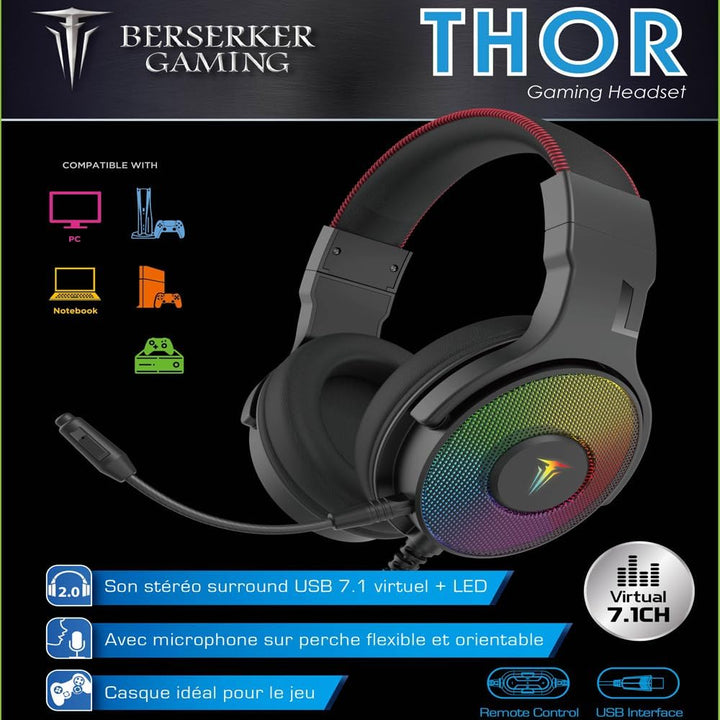 BERSERKER Gaming-Headset mit 7.1-Stereosound, 50 mm Lautsprecher, USB-Anschluss, RGB-Beleuchtung, Ab