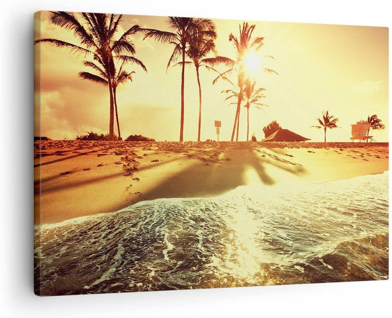 Bilder auf Leinwand Strand Meer Palme Leinwandbild mit Rahmen 70x50cm Wandbilder Dekoration Wohnzimm