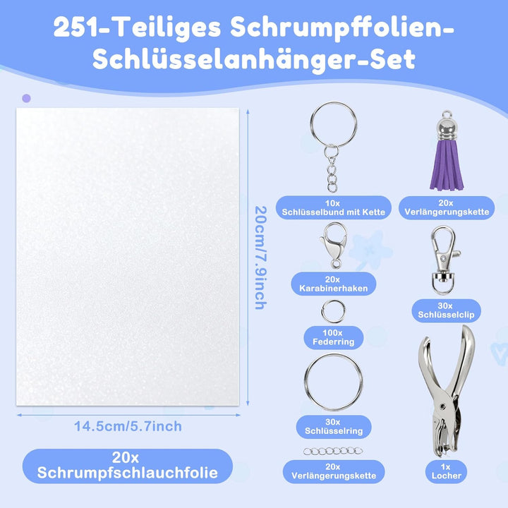 Solinorex 251‑tlg. Schrumpffolie Set Schlüsselanhänger A5 – DIY Bastel Set für Kinder & Teenager, Sc