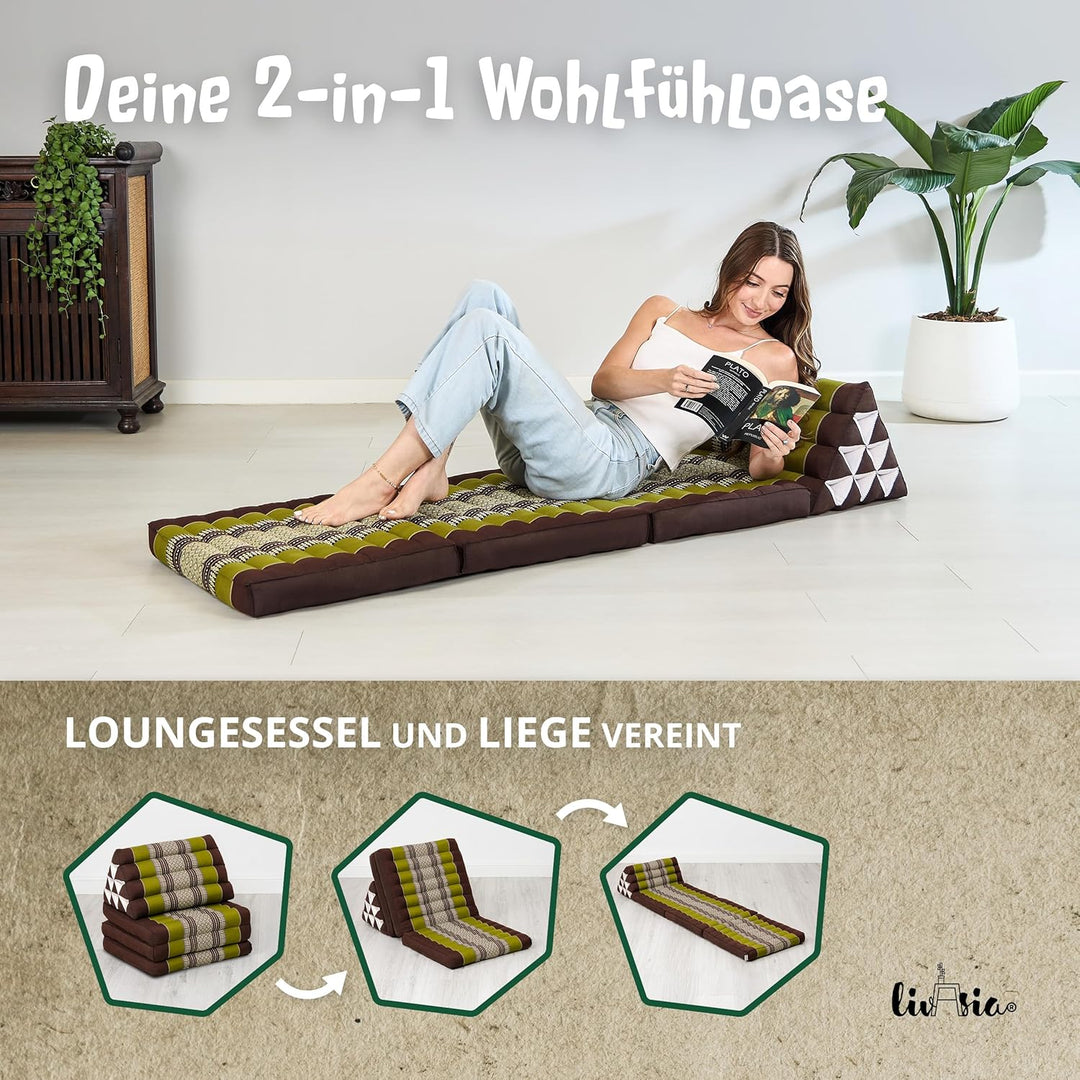 livasia Thaikissen mit 3 Auflagen, Dreieckskissen mit Klappmatratze, Keilkissen Kapok, Rückenkissen