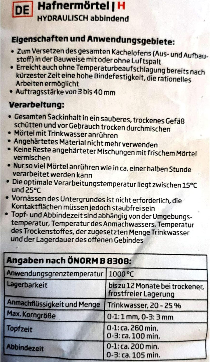Schamottmörtel Universal Super 0,3-3 mm 25 KG Feuermörtel Schamottekleber Ofenkleber Versetzmörtel