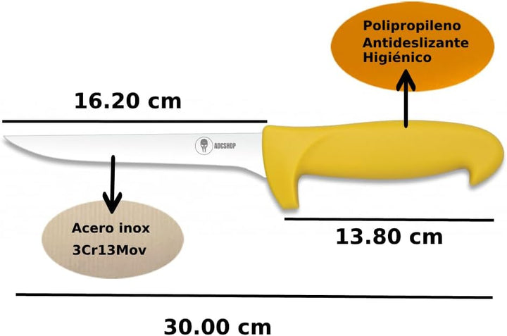 ADCSHOP Ausbeinmesser – Klinge 16,2 cm – Edelstahl 3Cr13Mov – Griff Polypropylen / Gelb – Gesamtgrös