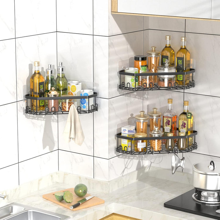 STEUGO Eck-Duschregal, Dusch-Organizer, Eck-Duschregal mit 12 Haken, 3er-Pack selbstklebende Duschre