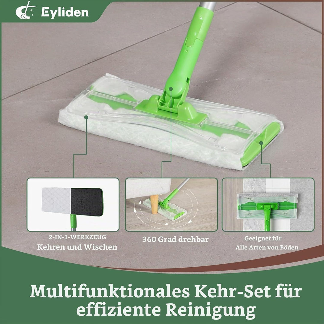 Eyliden Bodenwischer Starter-Set, 1 Stab + 24 Trockene Bodentücher + 12 Feuchte Bodentücher, 3-in-1