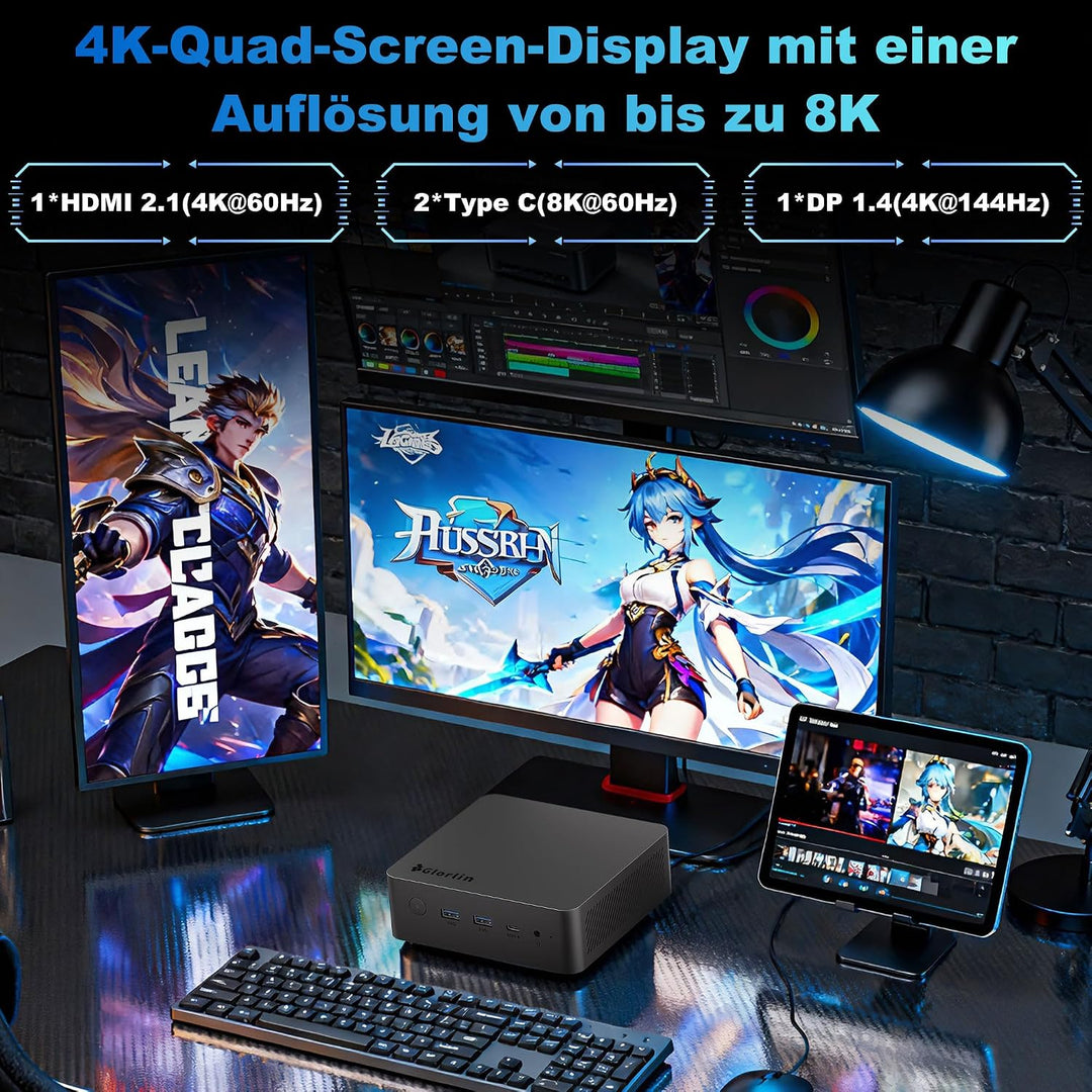 Glorlin Mini PC AMD Ryzen 7 8745HS bis 4.9GHz, Mini Gaming PC 16GB DDR5 1TB M.2 PCIe4.0 SSD, 2X 2.5G