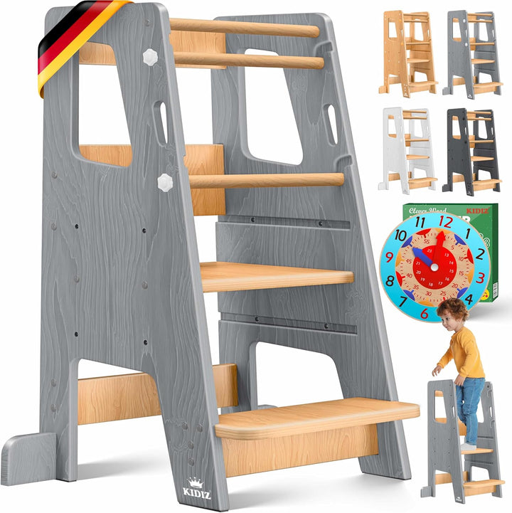 KIDIZ® Lernturm für Kinder ab 1 Jahr inkl. Lernuhr | 3-stufig Höhenverstellbarer Tritthocker aus Kie