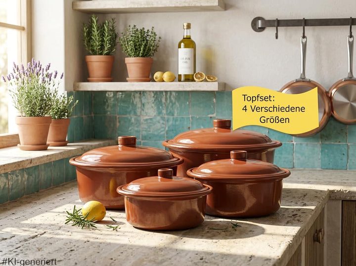 Ton-Cocotte mit Deckel 1,5 – 4,5 Liter - 4er Set – Glasierte Schmortopfe für Ceran, Gas, Ofen & Gril