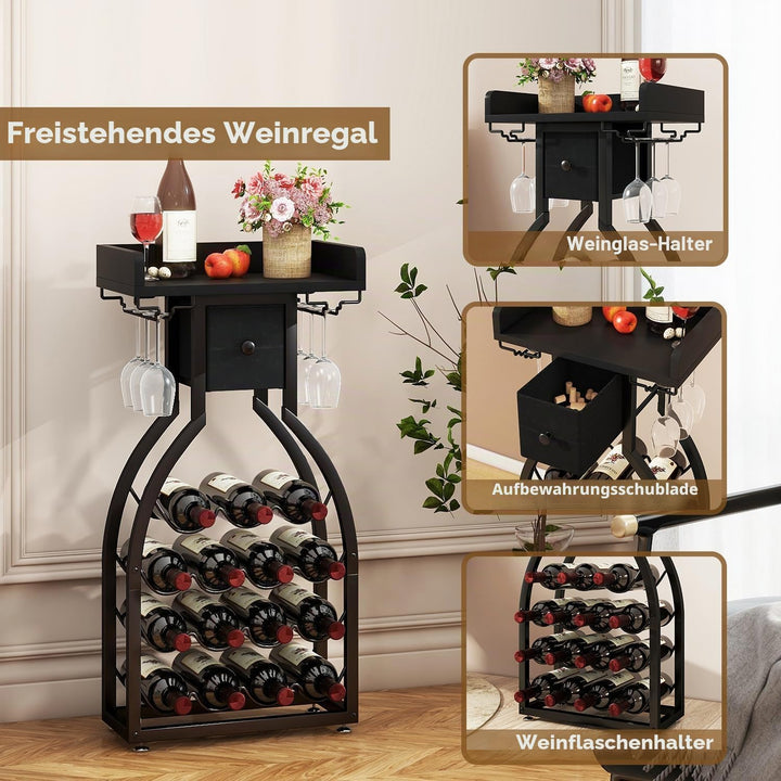 IBUYKE Weinregal Freistehend für 15 Flaschen,Flaschenregal mit Glashaltern und Speicher Schublade,Mi