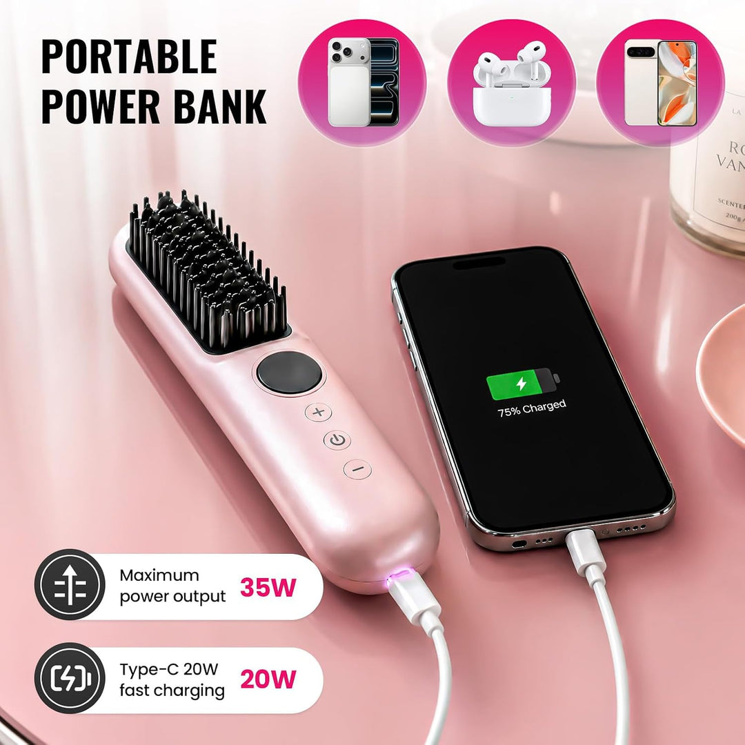 Stylingbürste für Kurze Haar, Kabellos Haarglätter Bürste, 10000mAh | Glättbürste Kabellos mit 10 Te