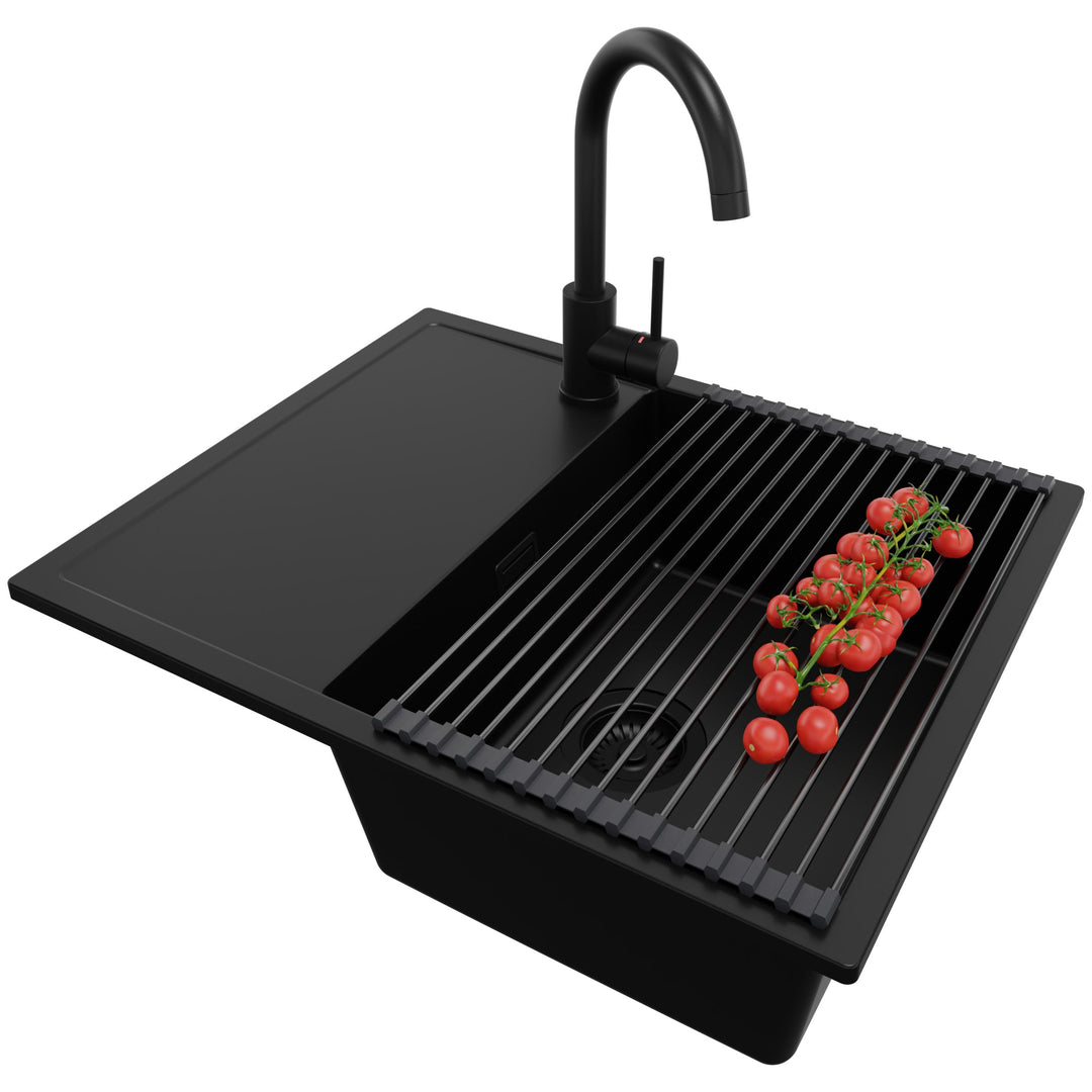 PRIMAGRAN Granitspüle Alles Schwarz 62x50cm, Spülbecken 1 Becken + Küchenarmatur 32x20cm + Zuberhor-