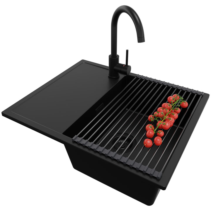 PRIMAGRAN Granitspüle Alles Schwarz 62x50cm, Spülbecken 1 Becken + Küchenarmatur 32x20cm + Zuberhor-