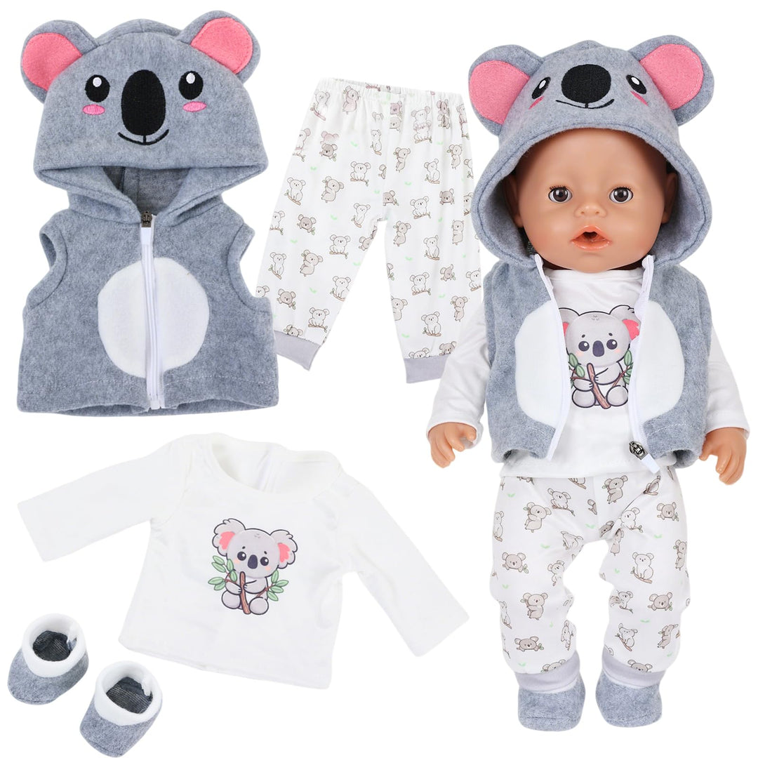 4 Stück Puppenkleidung für 14-18 Zoll Puppen, Tier Koala Kleidung Outfits 43cm mit Kapuzenweste Klei