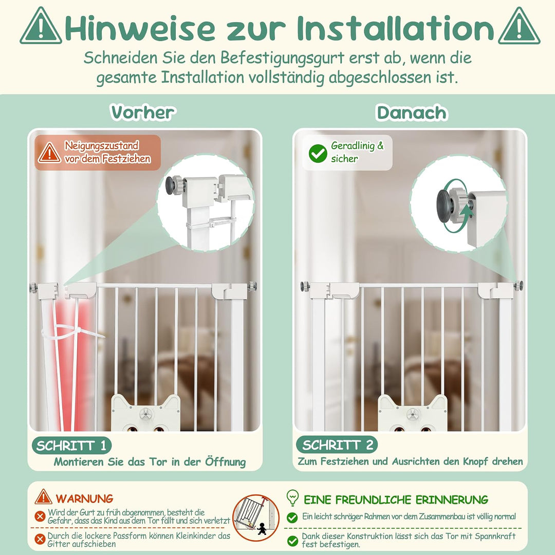 XMTECH Türschutzgitter mit Katzenklappe, ohne Bohren Weiss 95-105cm | Selbstschliessend mit 90° Stop
